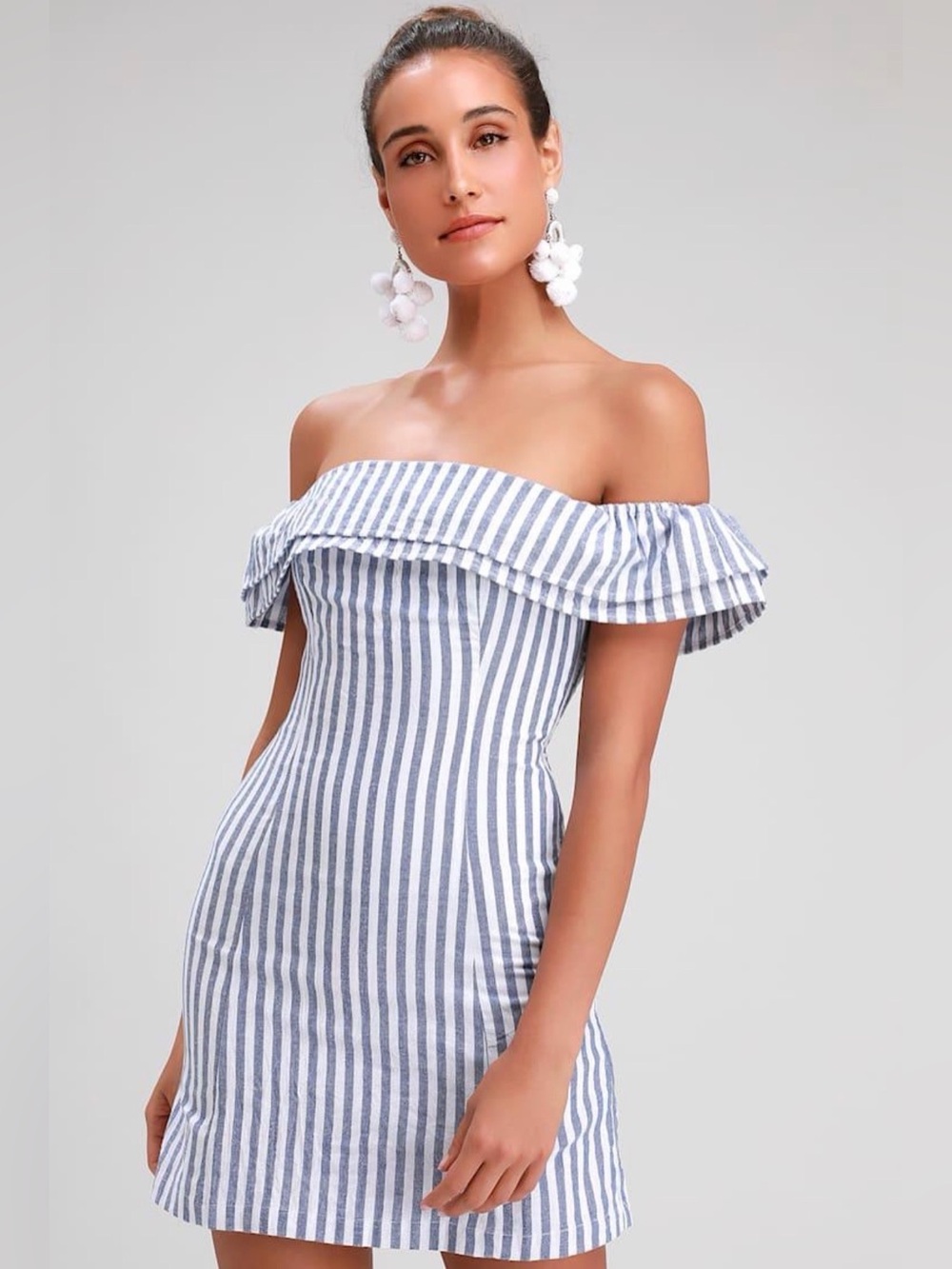 Lulus “Seeing You Smile” Light Blue Striped Off-the-Shoulder Shift Dress